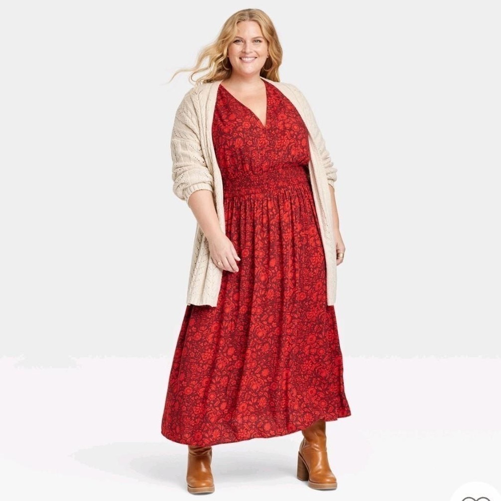 Women's Plus Size Long Sleeve A-Line Dress - Knox Rose™ Wine Red Floral Size 3X - Picture 3 of 8